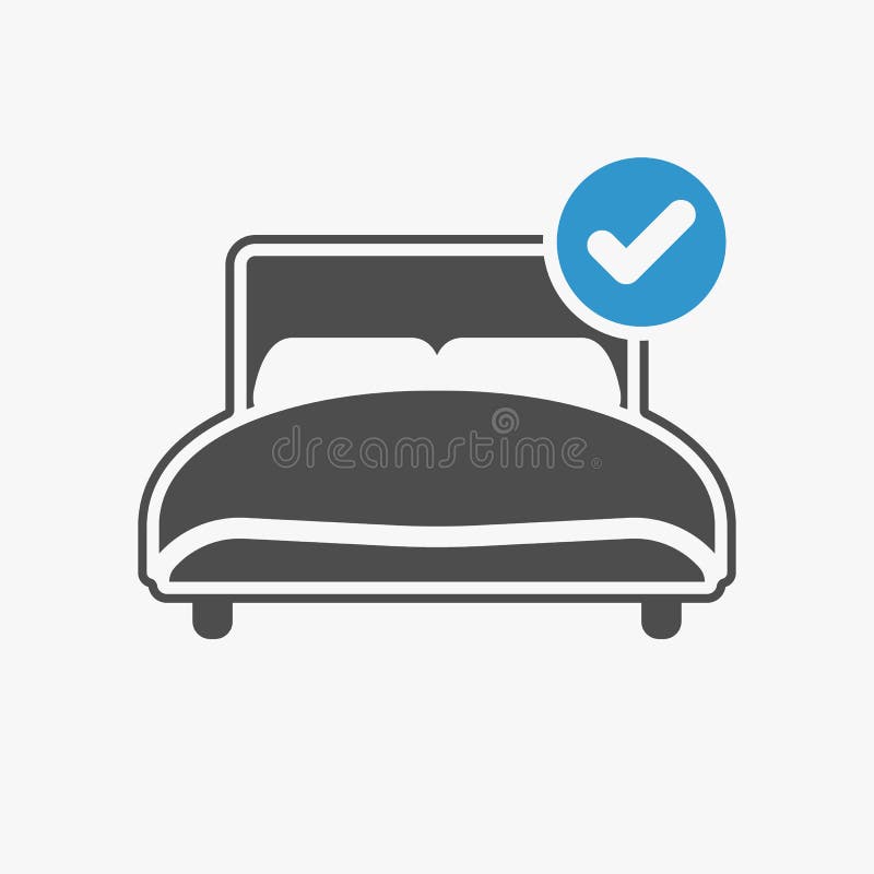 Ícone da cama com sinal da verificação O ícone da cama e aprovado, confirma, feito, tiquetaque, símbolo terminado ilustração stock Ícone da cama com sinal da verificação O ícone da cama e aprovado, confirma, feito, tiquetaque, símbolo terminado ilustração stock