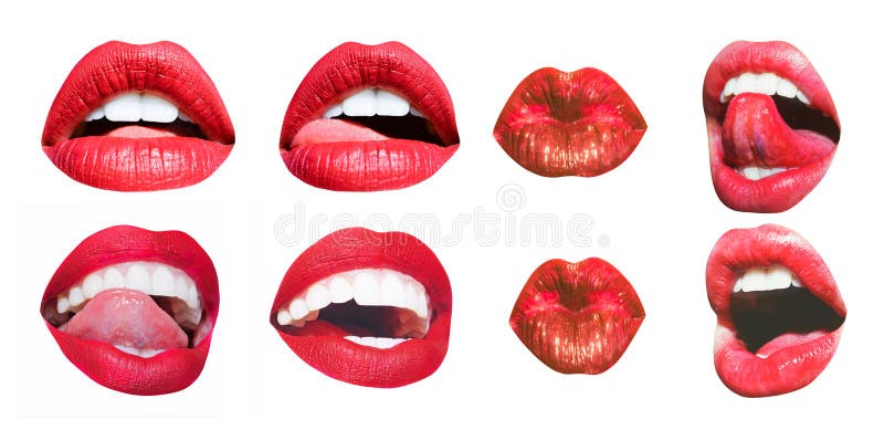 Ícone de Boca Lábios femininos sexy com batom vermelho isolados em branco Dentes brancos, língua de belas jovens mulheres