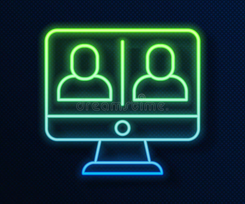 Glowing neon line Video chat conference icon isolated on blue background. Online meeting work form home. Remote project management. Vector. Glowing neon line Video chat conference icon isolated on blue background. Online meeting work form home. Remote project management. Vector.