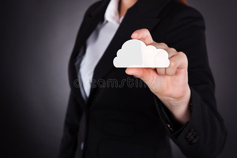 Ícone de Holding Cloud Computing da mulher de negócios fotografia de stock Ícone de Holding Cloud Computing da mulher de negócios fotografia de stock