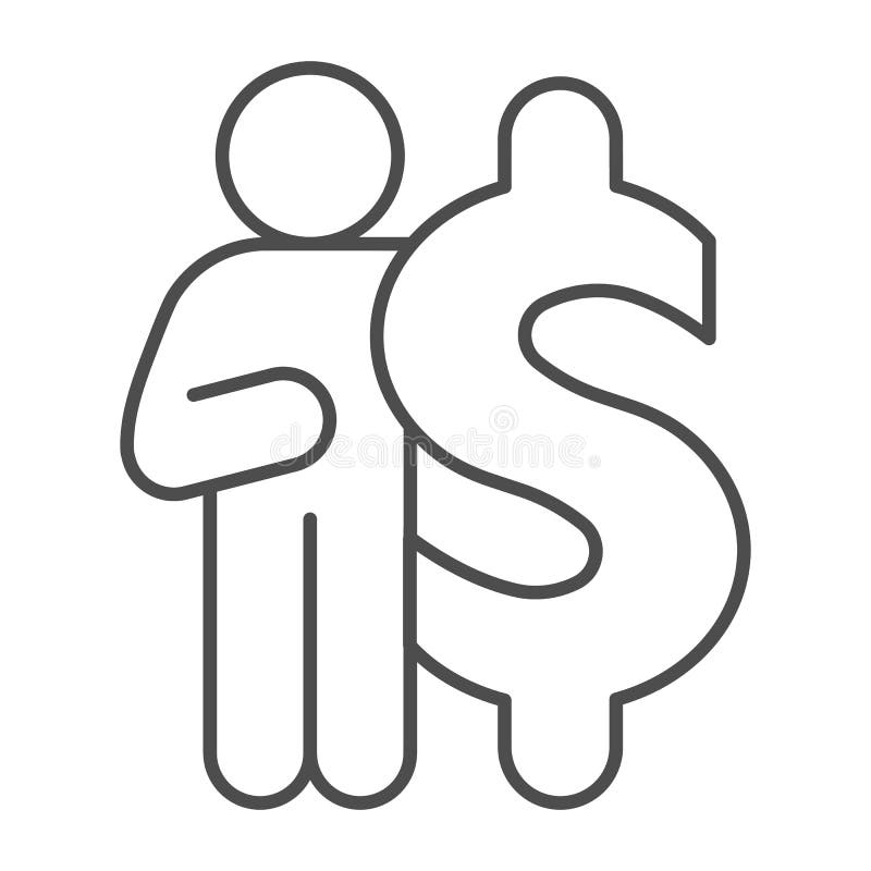 ícone de linha magra dólar e homem conceito de queda corona empresário em pé perto do dólar em fundo branco