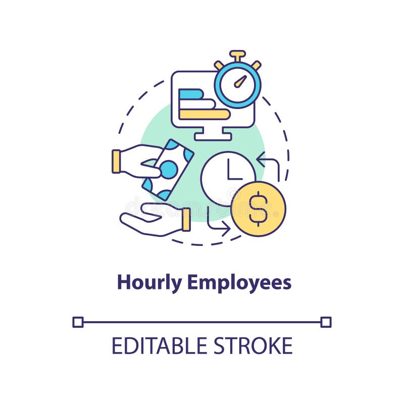 Hourly employees concept icon. Worker wage type. Payroll processing method abstract idea thin line illustration. Isolated outline drawing. Editable stroke. Arial, Myriad Pro-Bold fonts used. Hourly employees concept icon. Worker wage type. Payroll processing method abstract idea thin line illustration. Isolated outline drawing. Editable stroke. Arial, Myriad Pro-Bold fonts used