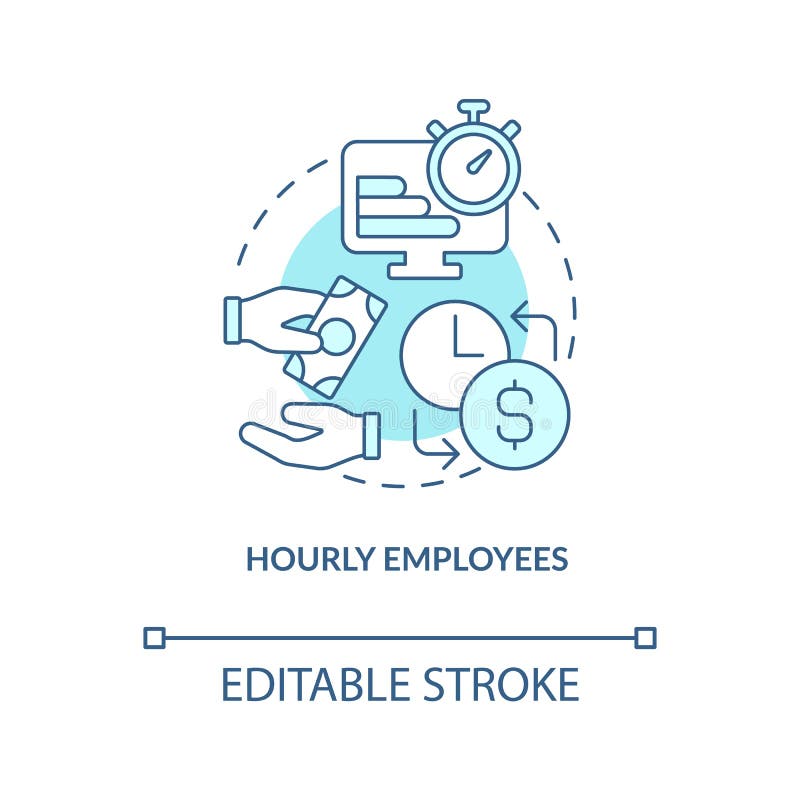 Hourly employees turquoise concept icon. Worker wage type. Payroll processing method abstract idea thin line illustration. Isolated outline drawing. Editable stroke. Arial, Myriad Pro-Bold fonts used. Hourly employees turquoise concept icon. Worker wage type. Payroll processing method abstract idea thin line illustration. Isolated outline drawing. Editable stroke. Arial, Myriad Pro-Bold fonts used