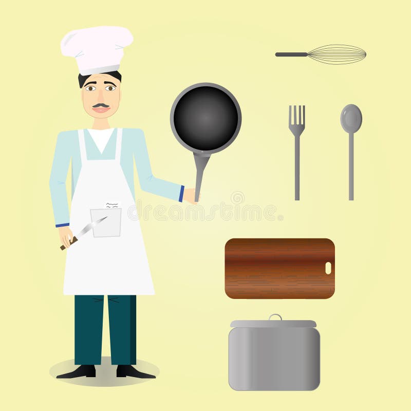 Ícone do cozinheiro chefe sobre o fundo amarelo, fogão, cozinheiro, grupo de ferramentas da cozinha ilustração stock Ícone do cozinheiro chefe sobre o fundo amarelo, fogão, cozinheiro, grupo de ferramentas da cozinha ilustração stock