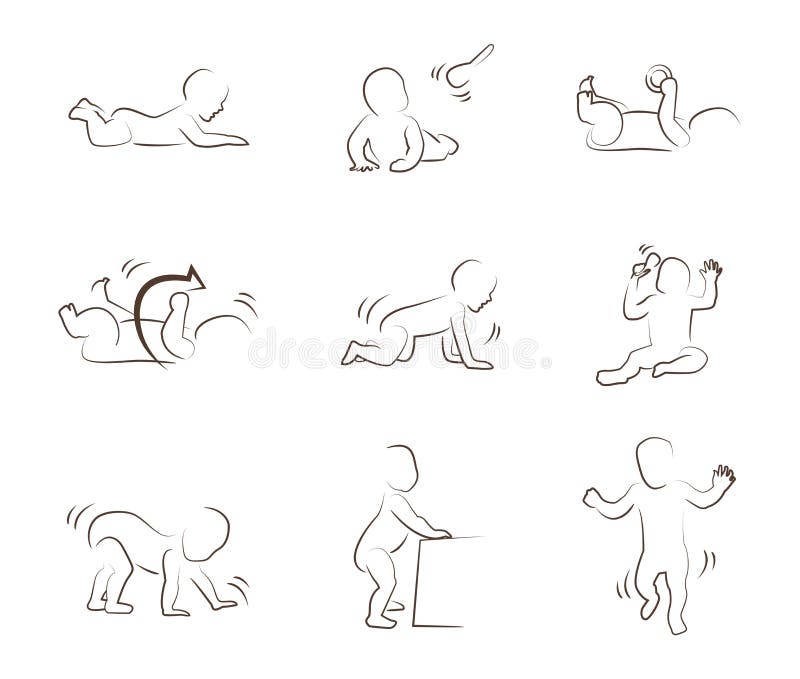 Ícone do desenvolvimento do bebê, fases do crescimento da criança marcos miliários da criança do primeiro ano ilustração royalty free