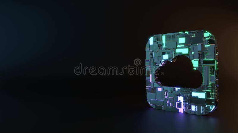science fiction metal neon blue violet glowing icon of iCloud drive app on iOS style render machinery with blurry reflection on floor. science fiction metal neon blue violet glowing icon of iCloud drive app on iOS style render machinery with blurry reflection on floor