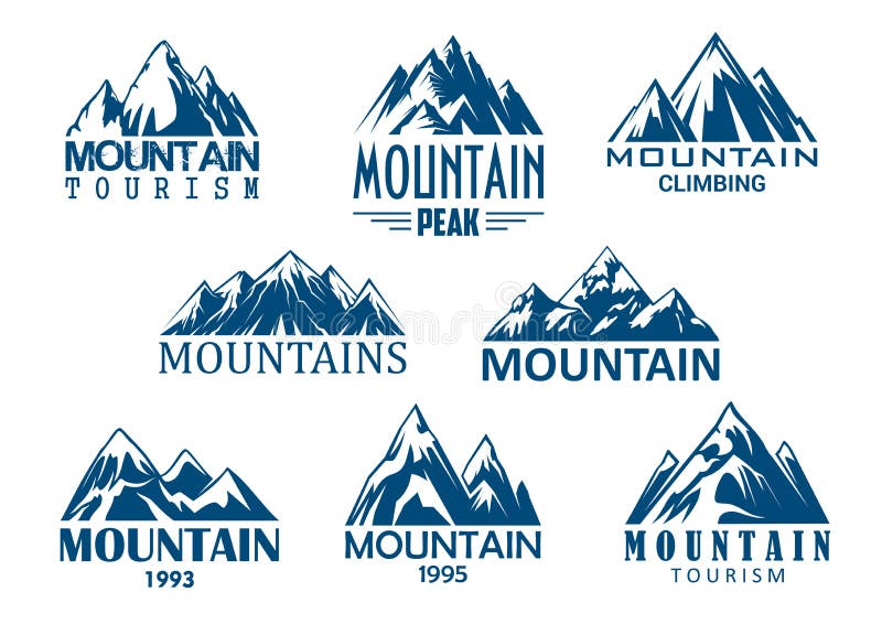 Mountain tourism and rock climbing icon set. Mountain top blue silhouette with snowy peak, steep rocky hill and mountain crest nature landscape for outdoor adventure, extreme sport and travel design. Mountain tourism and rock climbing icon set. Mountain top blue silhouette with snowy peak, steep rocky hill and mountain crest nature landscape for outdoor adventure, extreme sport and travel design