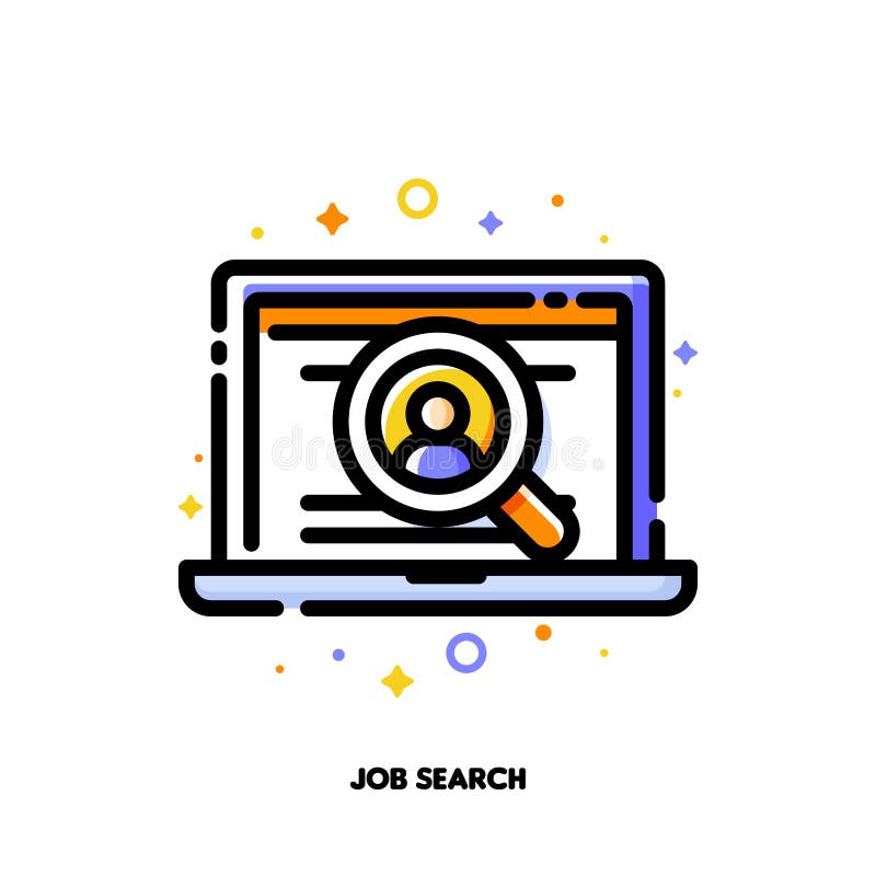 Ícone do portátil com perfil dos candidatos dentro da lente de aumento para a procura de emprego ou o conceito do recrutamento da ilustração do vetor Ícone do portátil com perfil dos candidatos dentro da lente de aumento para a procura de emprego ou o conceito do recrutamento da ilustração do vetor