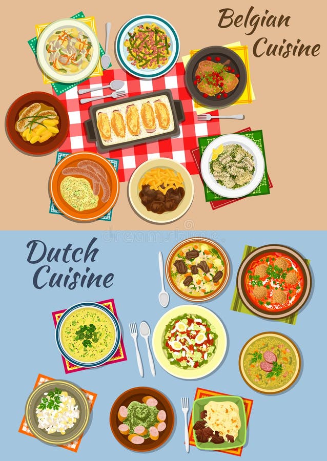 Dutch and belgian cuisine icon of potato with sausages and beef, pea and tomato soups, endive rolls, salmon and potato salads, creamy chicken stew, rabbit with cherries, bitterballen and bean soups. Dutch and belgian cuisine icon of potato with sausages and beef, pea and tomato soups, endive rolls, salmon and potato salads, creamy chicken stew, rabbit with cherries, bitterballen and bean soups