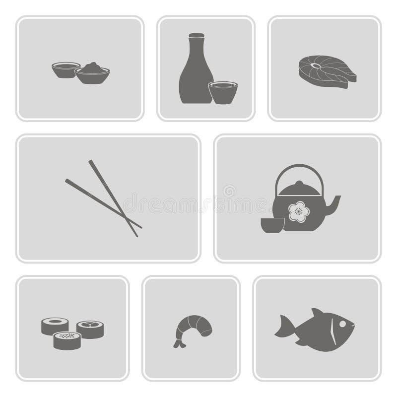 Ícone monocromático ajustado com sushi e causa ilustração stock Ícone monocromático ajustado com sushi e causa ilustração stock