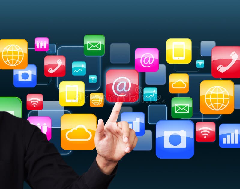 Businessman touching social application icon. Businessman touching social application icon