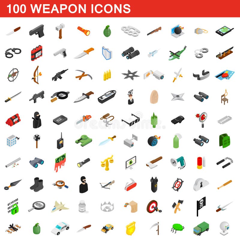 100 ícones ajustados, da arma estilo 3d isométrico ilustração stock 100 ícones ajustados, da arma estilo 3d isométrico ilustração stock