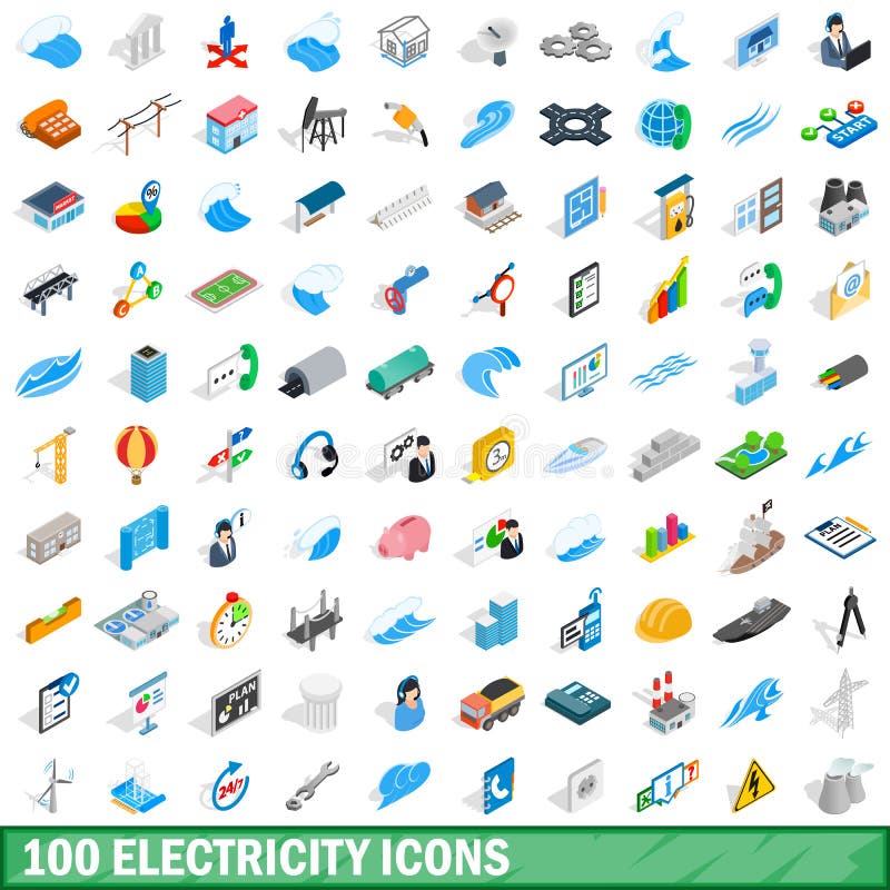 100 electricity icons set in isometric 3d style for any design vector illustration. 100 electricity icons set in isometric 3d style for any design vector illustration