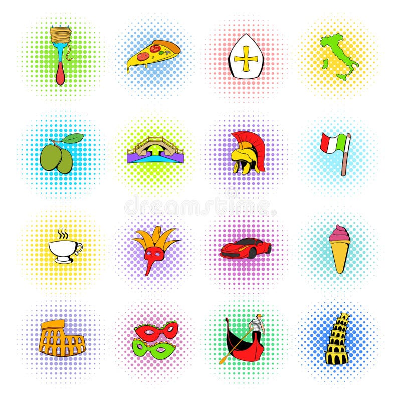 Ícones ajustados de Itália, estilo da banda desenhada ilustração stock Ícones ajustados de Itália, estilo da banda desenhada ilustração stock