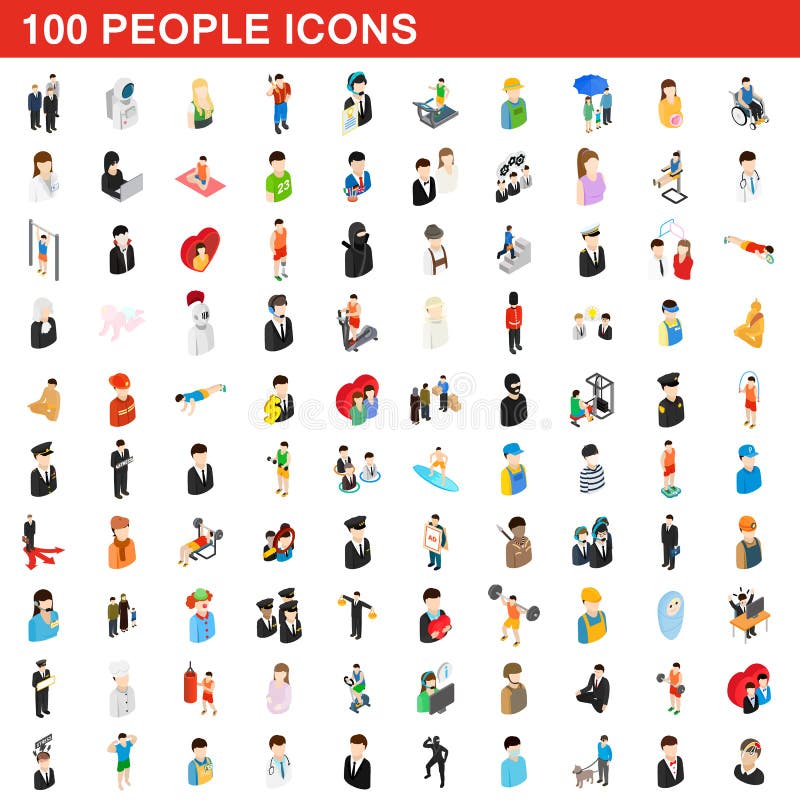 100 ícones ajustados, dos povos estilo 3d isométrico ilustração do vetor 100 ícones ajustados, dos povos estilo 3d isométrico ilustração do vetor