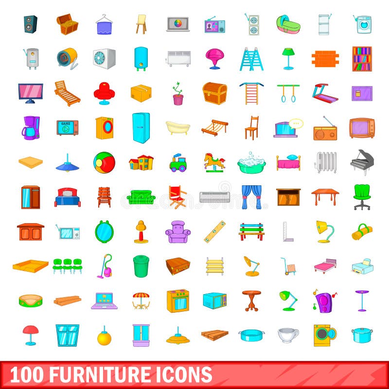 100 ícones ajustados, estilo da mobília dos desenhos animados ilustração do vetor 100 ícones ajustados, estilo da mobília dos desenhos animados ilustração do vetor