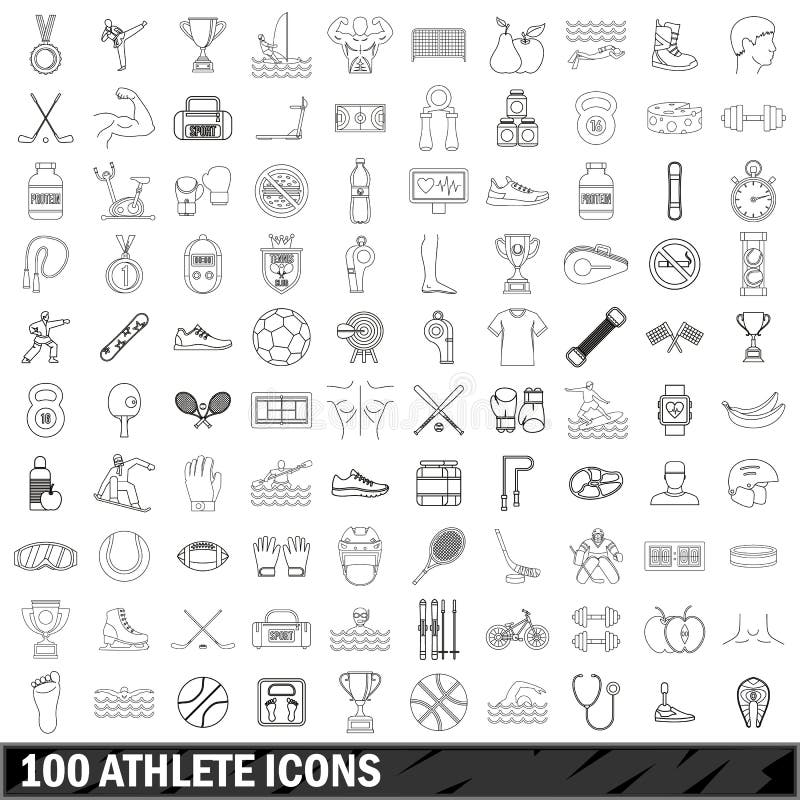 100 ícones ajustados, estilo do atleta do esboço ilustração do vetor
