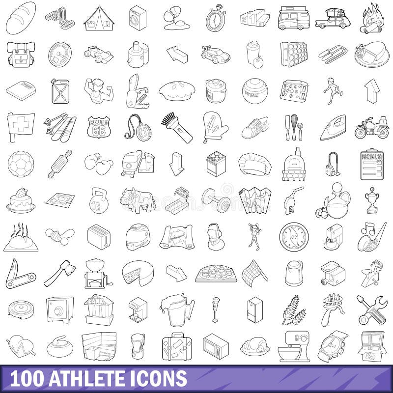 100 ícones ajustados, estilo do atleta do esboço ilustração stock