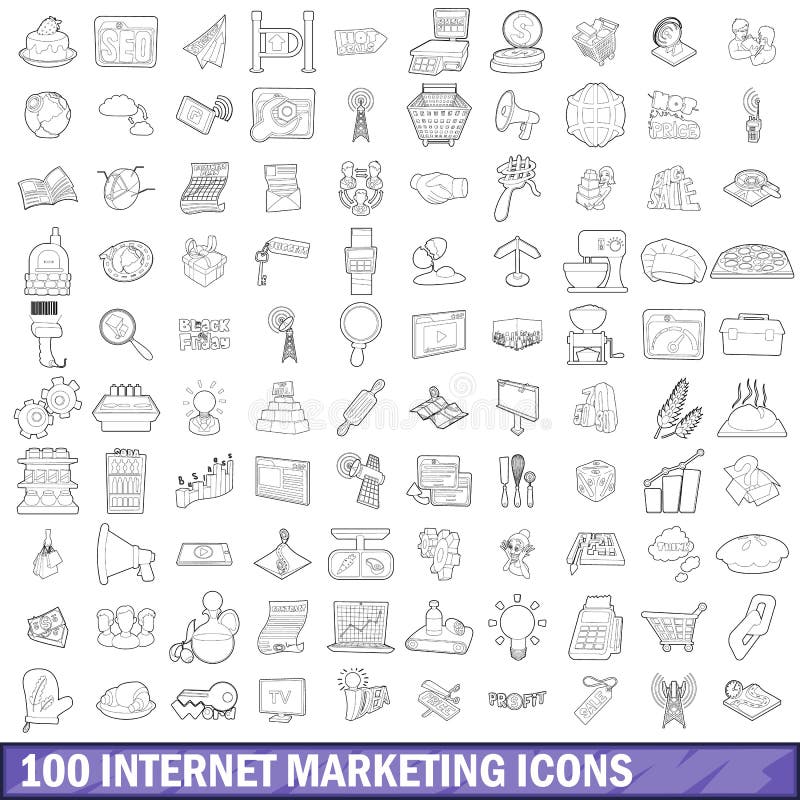 100 ícones ajustados, estilo do mercado do Internet do esboço ilustração stock 100 ícones ajustados, estilo do mercado do Internet do esboço ilustração stock
