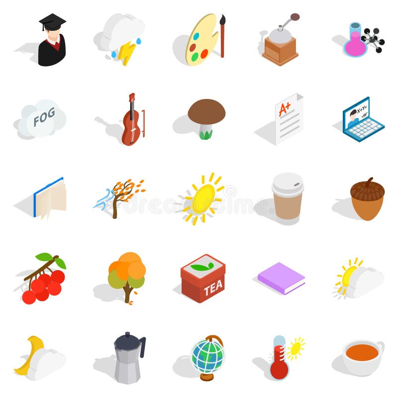 Ícones ajustados, estilo isométrico do ano acadêmico ilustração stock