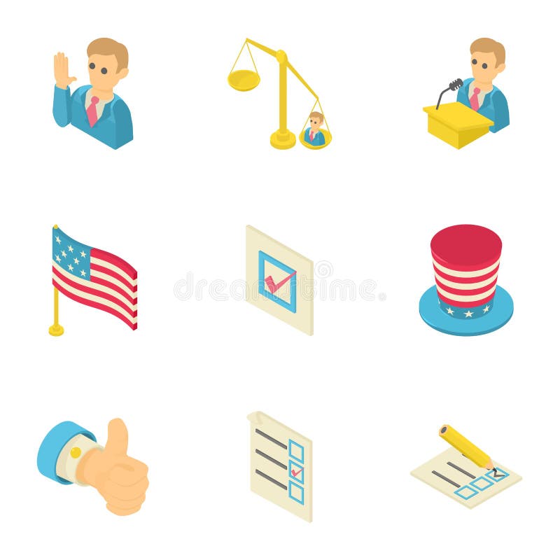 Ícones ajustados, estilo isométrico do sonho americano ilustração do vetor Ícones ajustados, estilo isométrico do sonho americano ilustração do vetor
