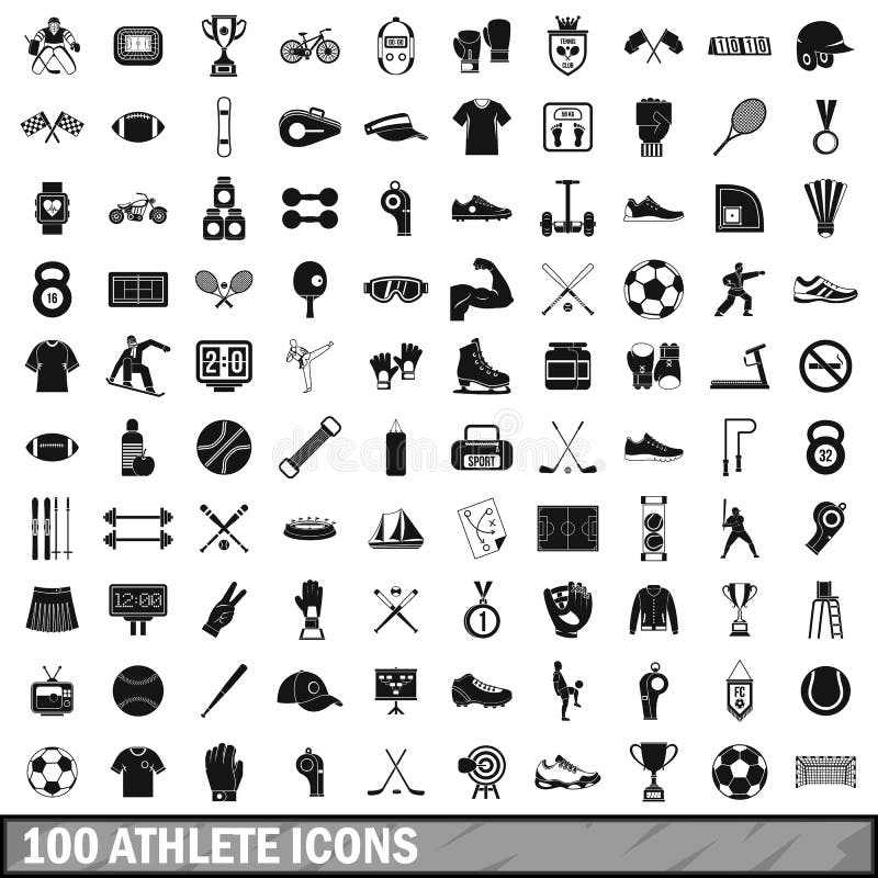 100 ícones ajustados, estilo simples do atleta ilustração royalty free
