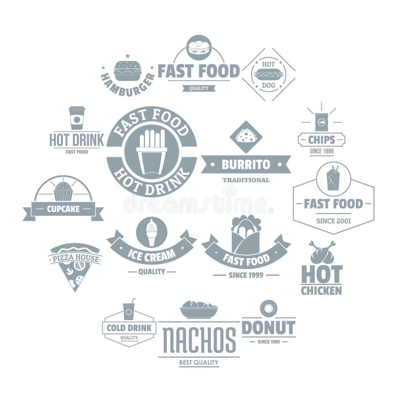 Fast food logo icons set. Simple illustration of 16 fast food logo vector icons for web. Fast food logo icons set. Simple illustration of 16 fast food logo vector icons for web