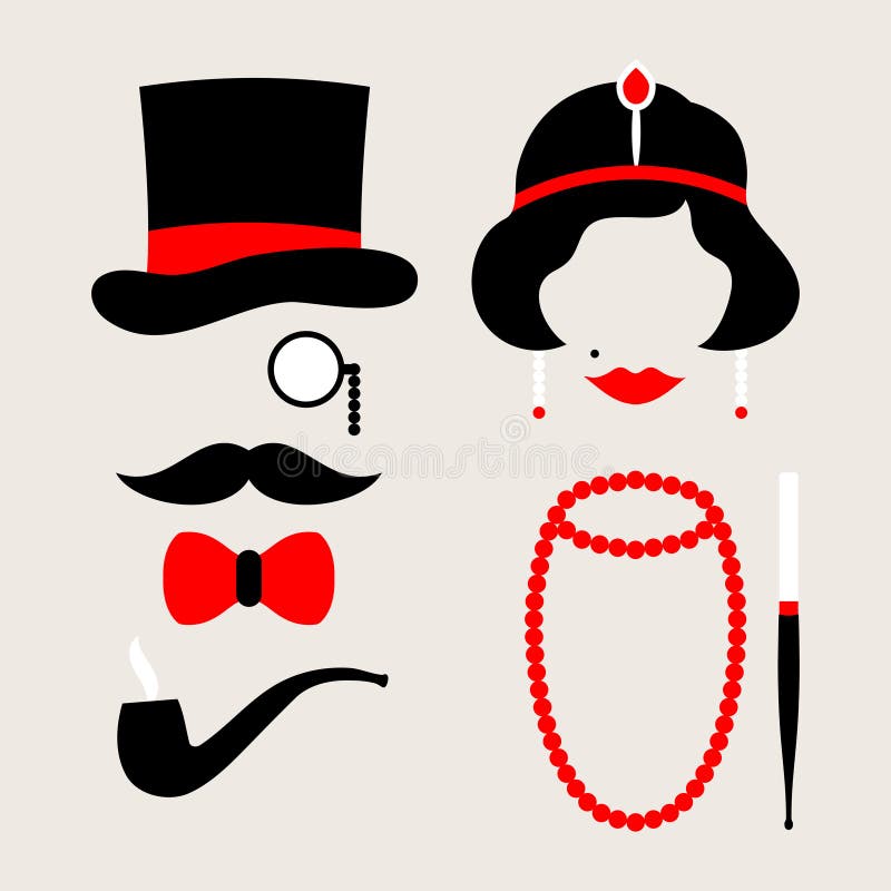 Ícones ajustados homem e anos 20 da mulher vermelhos e bege ilustração stock Ícones ajustados homem e anos 20 da mulher vermelhos e bege ilustração stock