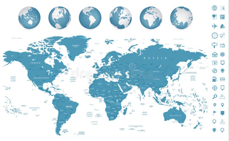 Mapa Mundial altamente detalhado e ícones de navegação ilustração royalty free