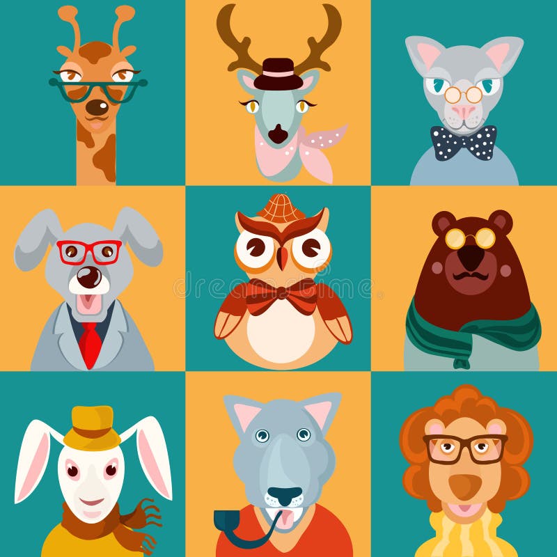 Ícones planos de hipsters animais ilustração royalty free