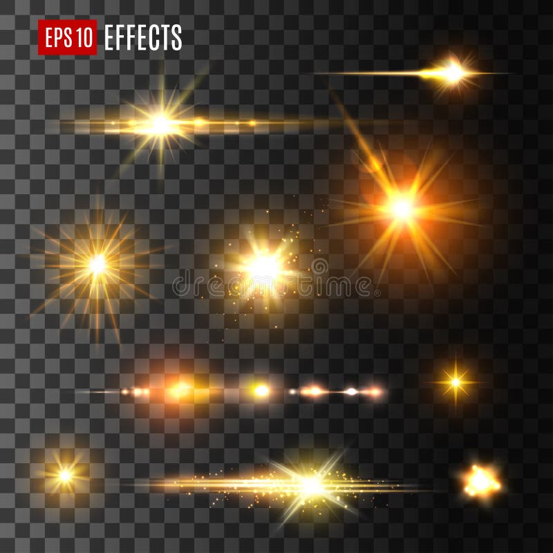 Stars and gold flashes light effects on transparent background. Vector icons of luminous starlight rays or sparkling sun beams and golden glitter shine blurs with glowing particles or space sparks. Stars and gold flashes light effects on transparent background. Vector icons of luminous starlight rays or sparkling sun beams and golden glitter shine blurs with glowing particles or space sparks