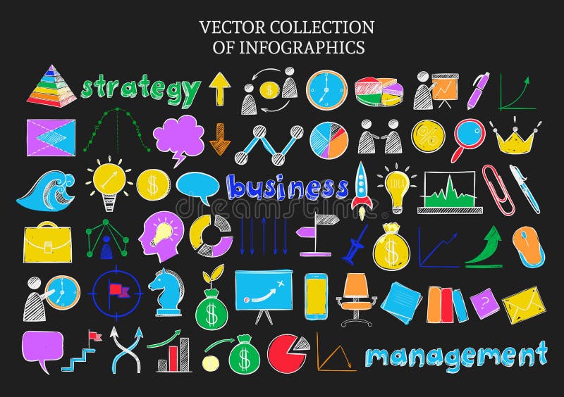 Ícones coloridos do esboço de Infographic ajustados ilustração royalty free Ícones coloridos do esboço de Infographic ajustados ilustração royalty free