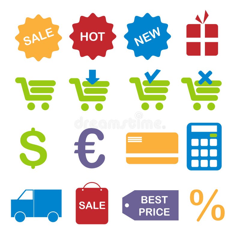 Set of sixteen colorful shopping icons isolated on white background.EPS file available. Set of sixteen colorful shopping icons isolated on white background.EPS file available