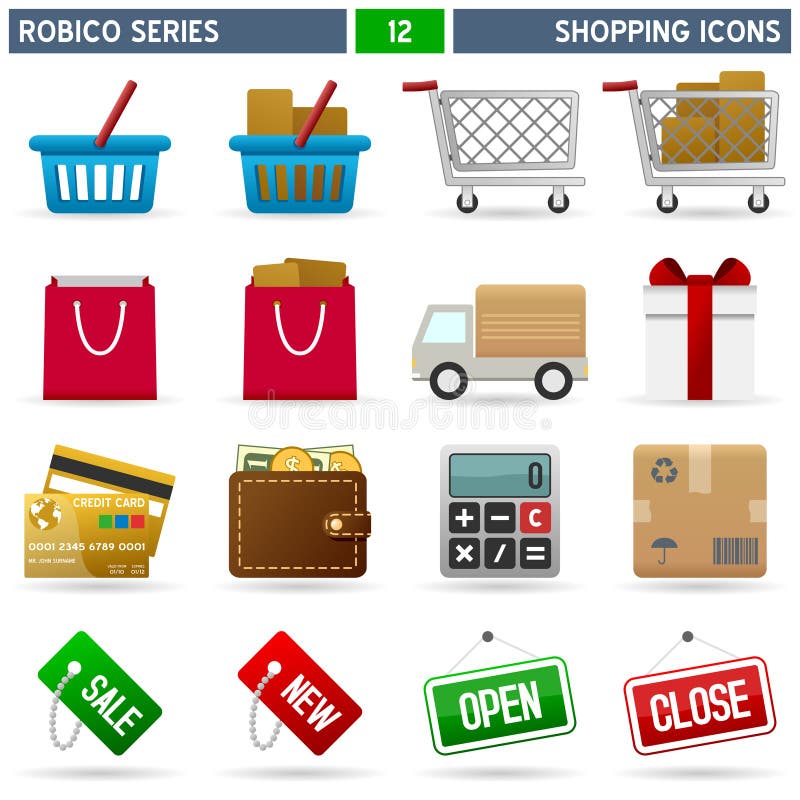 Collection of 16 colorful shopping and commerce icons, isolated on white background. Robico Series: check my portfolio for the complete set. Eps file available. Collection of 16 colorful shopping and commerce icons, isolated on white background. Robico Series: check my portfolio for the complete set. Eps file available.