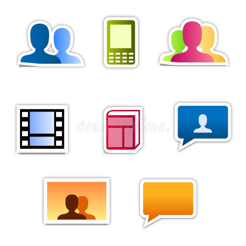 Vector illustration as icon set for social networks and communities on web, made as stickers with shadow and border, with icons for users, friends, group, mobile, video and movies, blog and diaries, chat and forum as well as photo gallery. Vector illustration as icon set for social networks and communities on web, made as stickers with shadow and border, with icons for users, friends, group, mobile, video and movies, blog and diaries, chat and forum as well as photo gallery