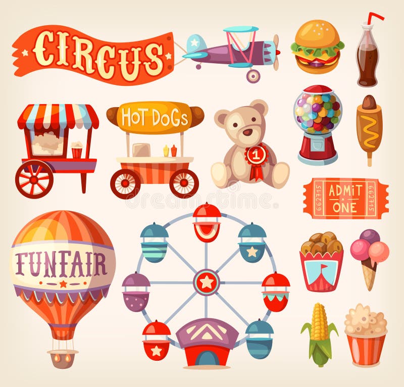 A collection of fun fair and traveling circus icons and elements. A collection of fun fair and traveling circus icons and elements.