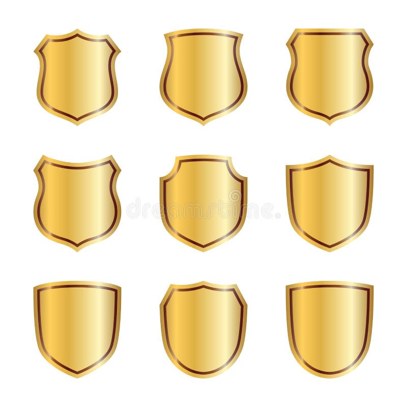 Ícones da forma do protetor do ouro ajustados sinais dourados do emblema 3D isolados no fundo branco Símbolo da segurança, poder