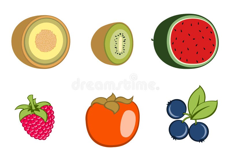 Vector illustration of funny, cute fruit icons. Includes guava , kiwi, watermelon, rasberry, persimmon , blueberry. Vector illustration of funny, cute fruit icons. Includes guava , kiwi, watermelon, rasberry, persimmon , blueberry.