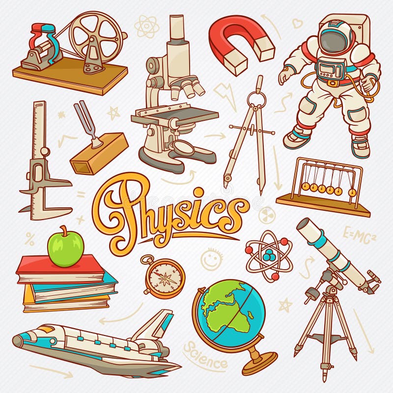 Ícones da física na ilustração do esboço do conceito da ciência ilustração stock Ícones da física na ilustração do esboço do conceito da ciência ilustração stock