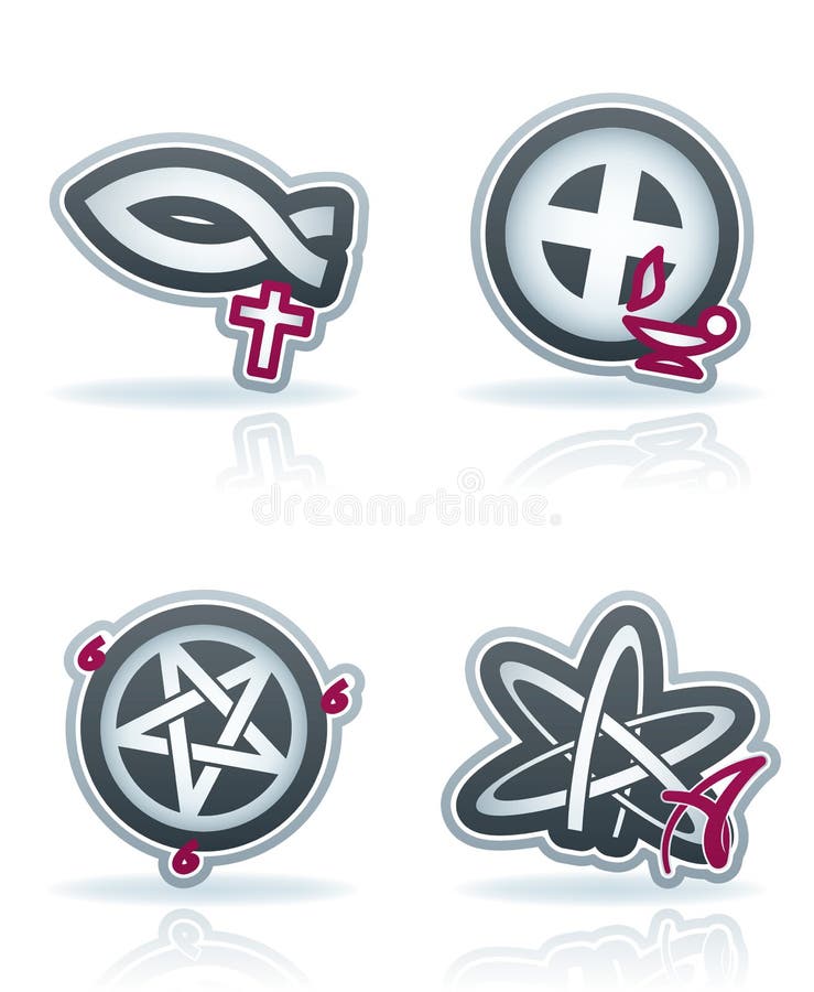 Religion is the adherence to codified beliefs and rituals, pictured here from left to right: Christianity, Gnosticism, Satanism, Atheism. Vector icons set saved as an Adobe Illustrator version 10 EPS file format easy to edit, resize or colorize. Files are created in CMYK color space safe for prints and easy to convert to RGB color space. Religion is the adherence to codified beliefs and rituals, pictured here from left to right: Christianity, Gnosticism, Satanism, Atheism. Vector icons set saved as an Adobe Illustrator version 10 EPS file format easy to edit, resize or colorize. Files are created in CMYK color space safe for prints and easy to convert to RGB color space.