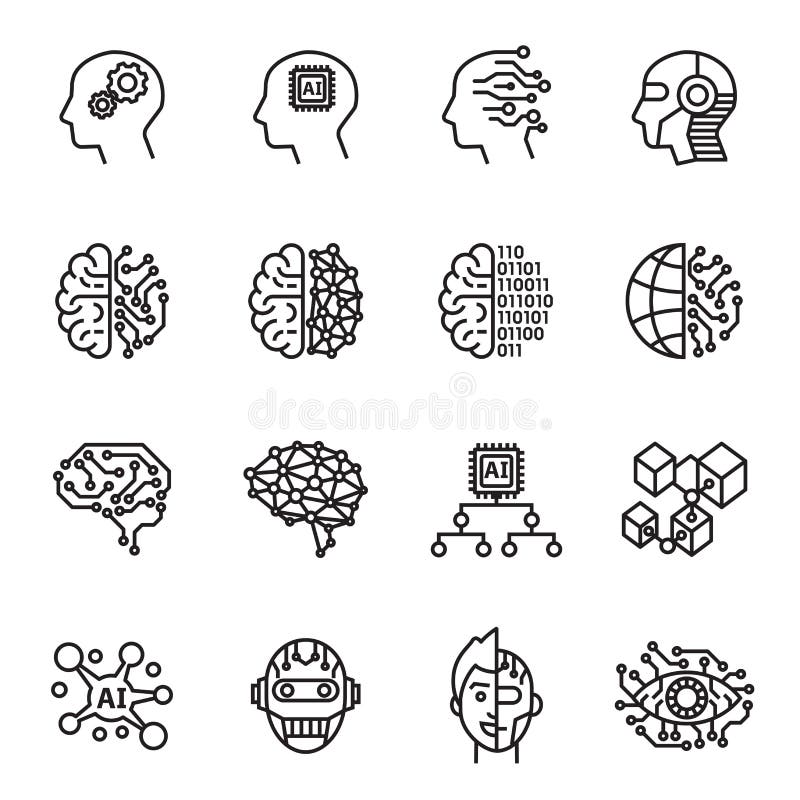 Ícones da inteligência artificial ajustados Linha vetor do estoque do estilo ilustração royalty free Ícones da inteligência artificial ajustados Linha vetor do estoque do estilo ilustração royalty free
