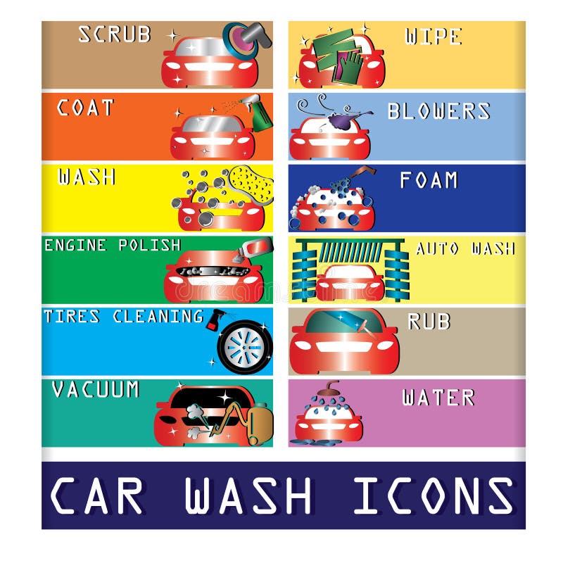 Ícones da lavagem de carros da cor ilustração stock Ícones da lavagem de carros da cor ilustração stock