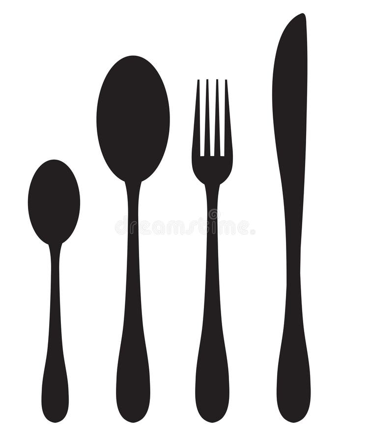 Ícones da silhueta do grupo de jantar Colher, forquilha, silhueta da faca em um fundo branco Ilustração do vetor ilustração stock Ícones da silhueta do grupo de jantar Colher, forquilha, silhueta da faca em um fundo branco Ilustração do vetor ilustração stock