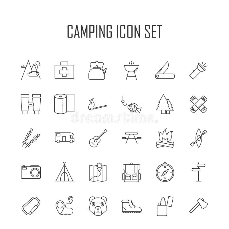 Ícones de acampamento Equipamento ao ar livre ilustração do vetor Ícones de acampamento Equipamento ao ar livre ilustração do vetor