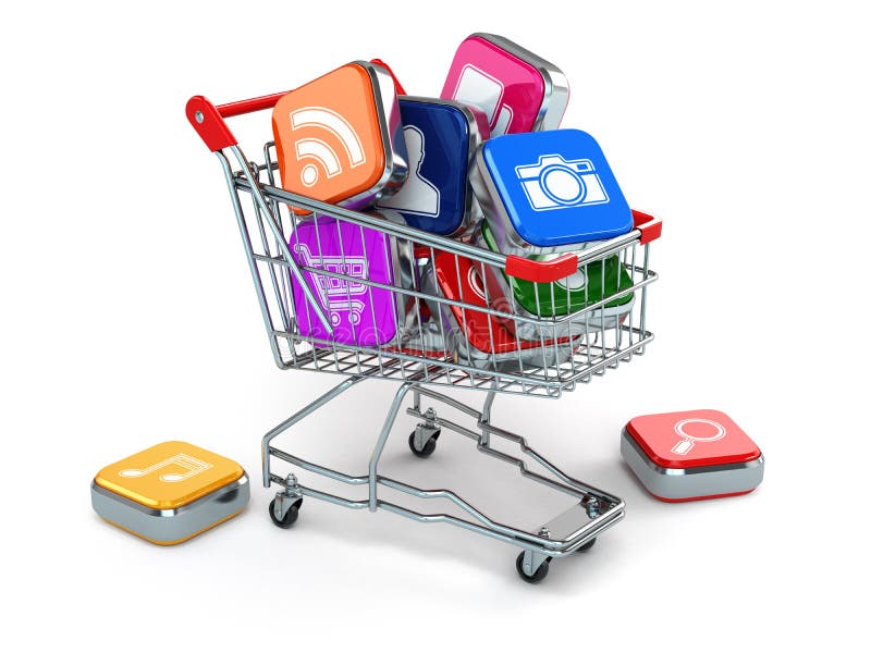 Ícones de Apps no carrinho de compras Loja do software informático ilustração royalty free Ícones de Apps no carrinho de compras Loja do software informático ilustração royalty free