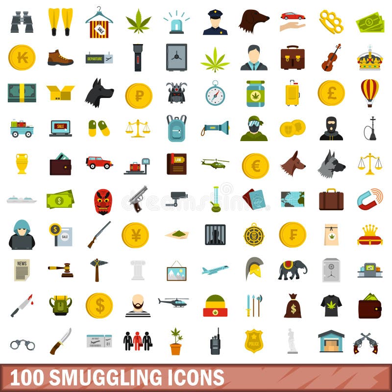 100 ícones de contrabando ajustados, estilo liso ilustração royalty free 100 ícones de contrabando ajustados, estilo liso ilustração royalty free