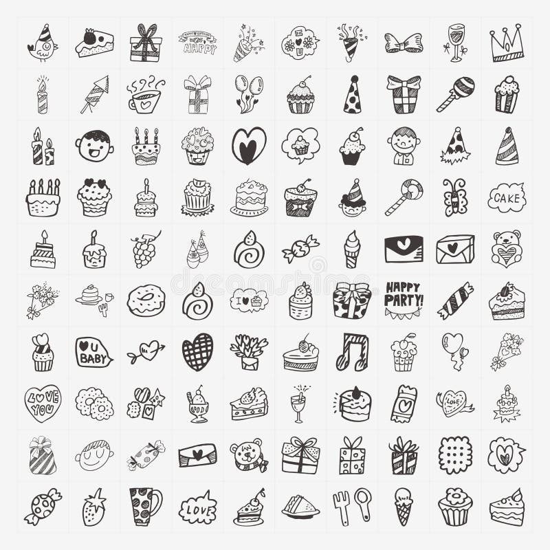 100 ícones de festa de aniversário Doodle ilustração stock