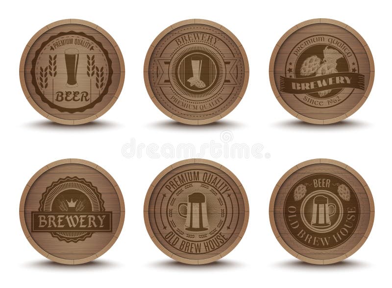 Ícones de madeira das esteiras dos emblemas da cerveja ajustados ilustração do vetor Ícones de madeira das esteiras dos emblemas da cerveja ajustados ilustração do vetor