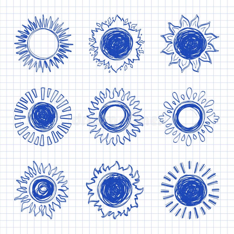 Ícones de Sun, símbolos da luz do sol Caderno do desenho, elementos tirados mão do projeto ilustração stock Ícones de Sun, símbolos da luz do sol Caderno do desenho, elementos tirados mão do projeto ilustração stock