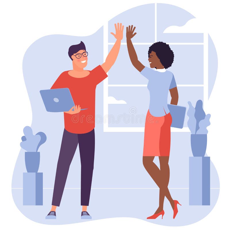 Teamwork. Office workers, young man and woman give high five each to other. Flat design vector concept of a successfully performed task. Teamwork. Office workers, young man and woman give high five each to other. Flat design vector concept of a successfully performed task.